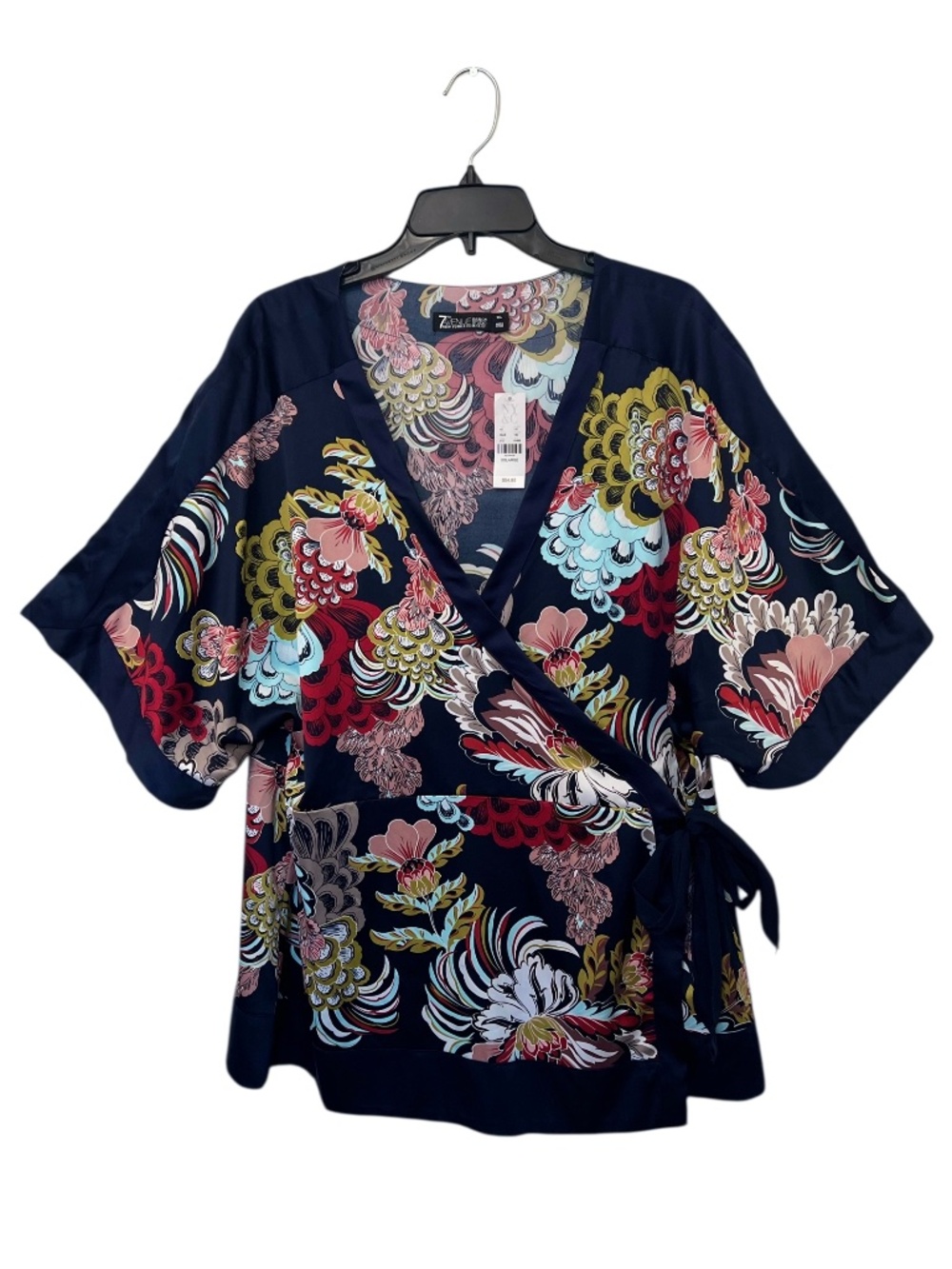 7TH AVENUE Floral Kimono Tie Wrap Top Blouse Navy Multicolor Women's XXL NWT